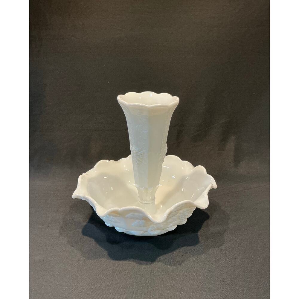 Westmoreland Paneled Grape Milk Glass 2 Pc Epergne Set 9" Bowl & 8" Vase